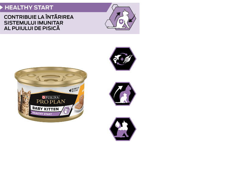 PURINA® PRO PLAN® BABY KITTEN HEALTHY START. Hrană umedă completă porționată pentru pisoi. Mousse cu pui.